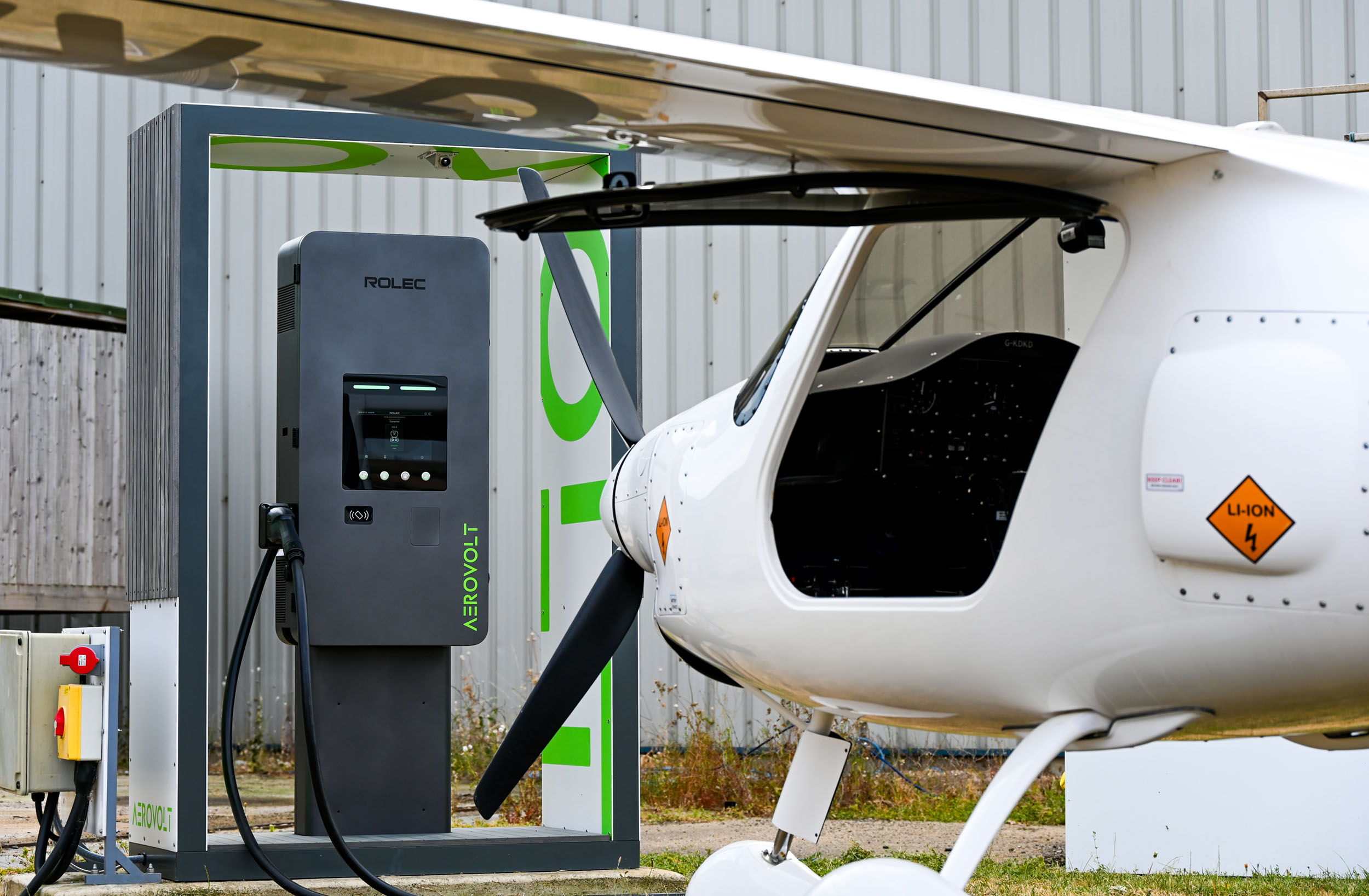 AeroVolt charger connected to an electric aircraft at Brighton City Airport