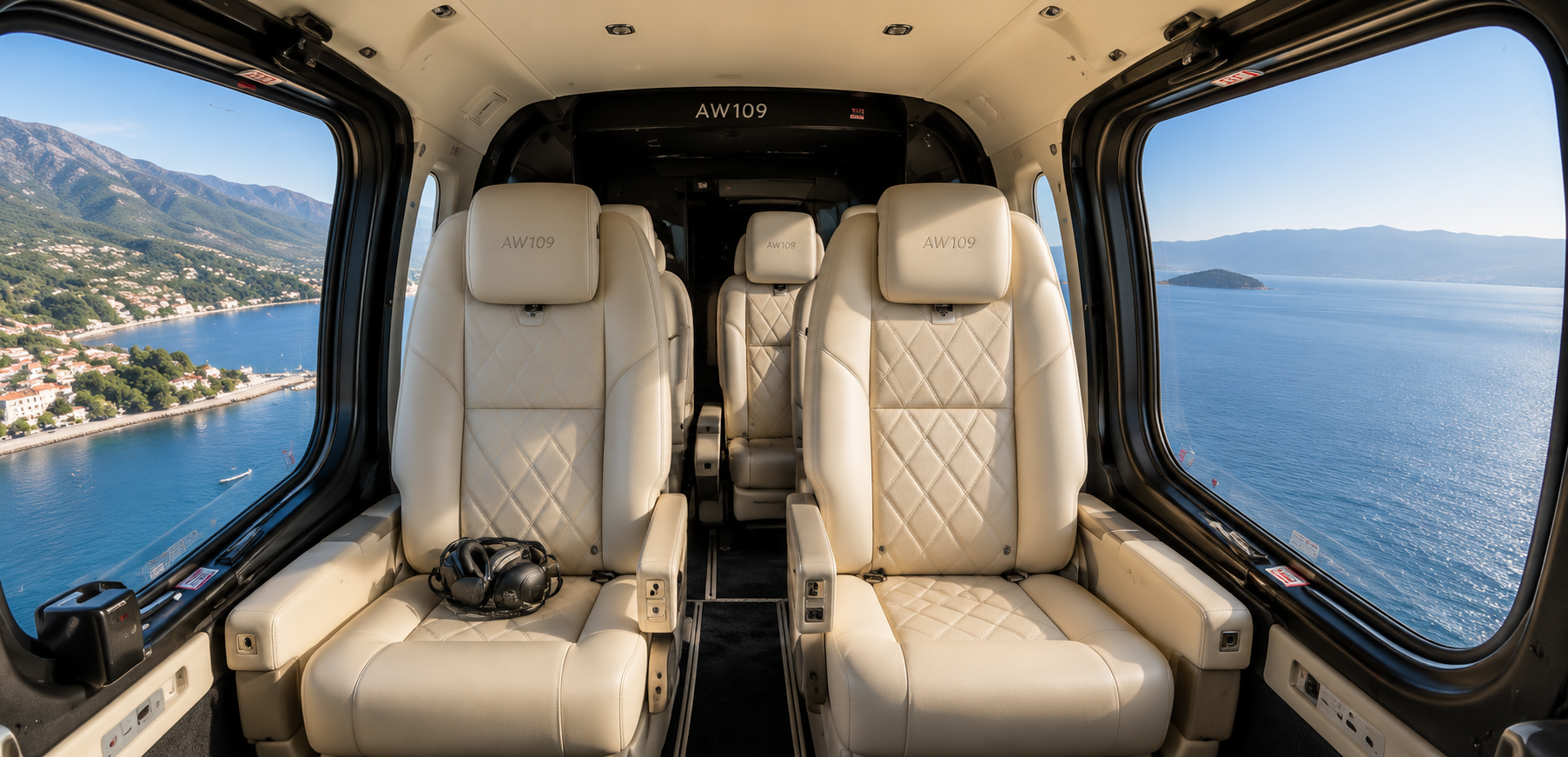AW109 VIP helicopter cabin over the coast