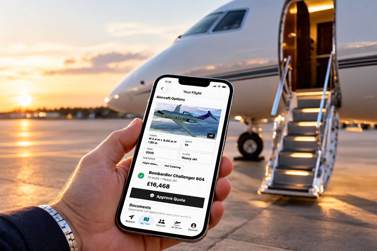 Oxygen app aircraft quote displayed beside a private jet ready for departure