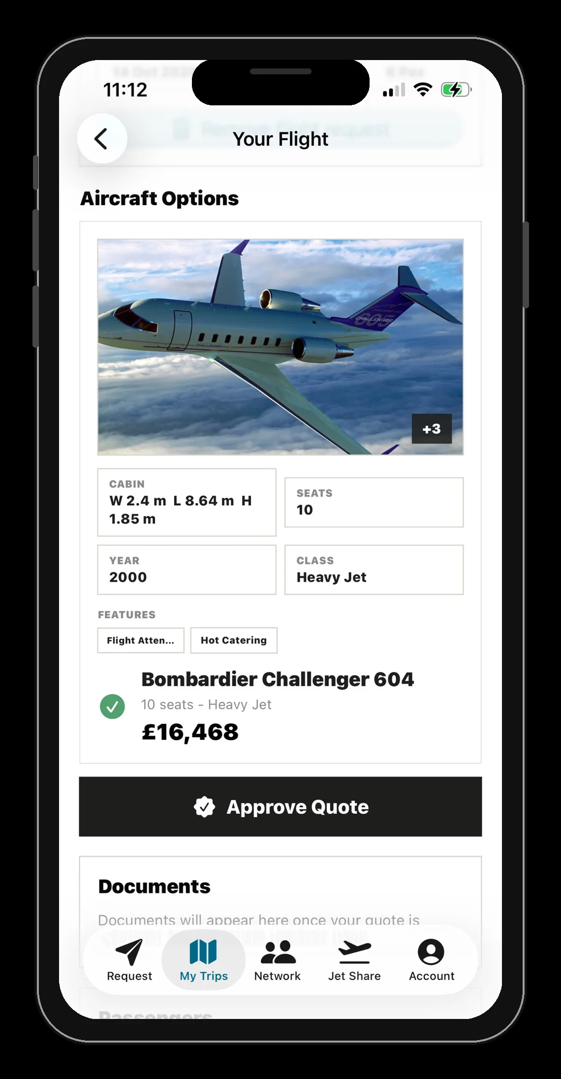 Oxygen app aircraft options and private jet quote approval screen