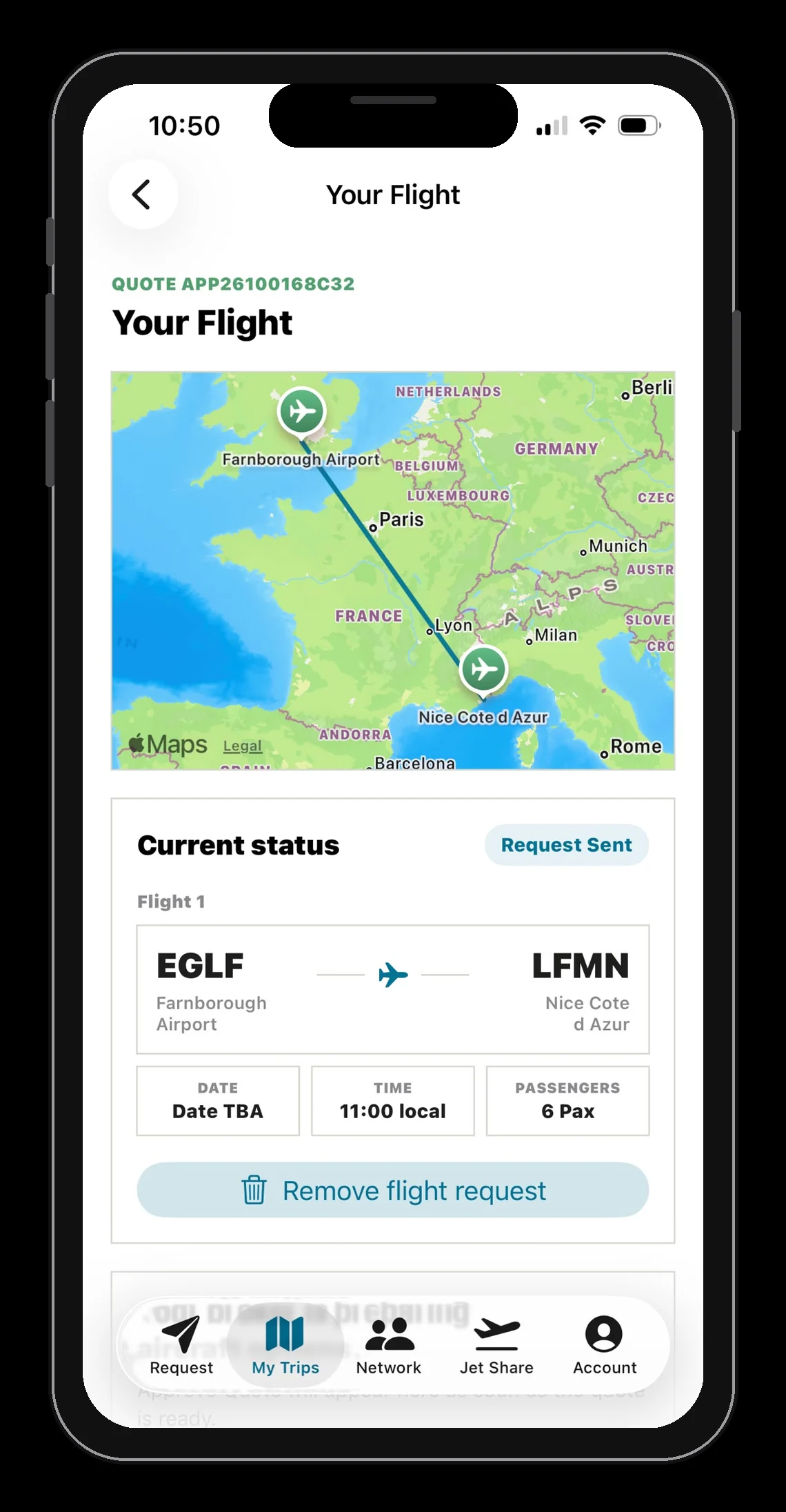 Oxygen app My Trips route and flight status screen